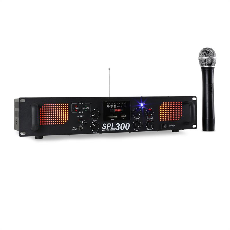 SPL-300-VHF PA Verstärker 2-Kanal MP3 USB SD 2 x 150 Watt inkl. Funkmikrofon