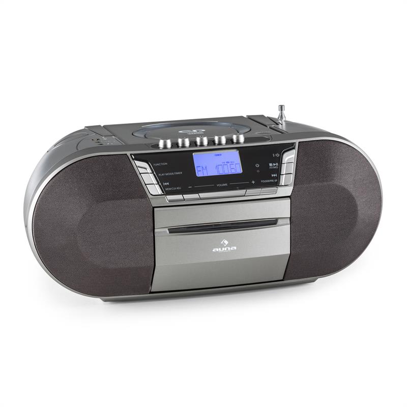 Fotografie produktu: Auna Jetpack, šedý, přenosný boombox, USB, CD, MP3, FM, provoz na baterie