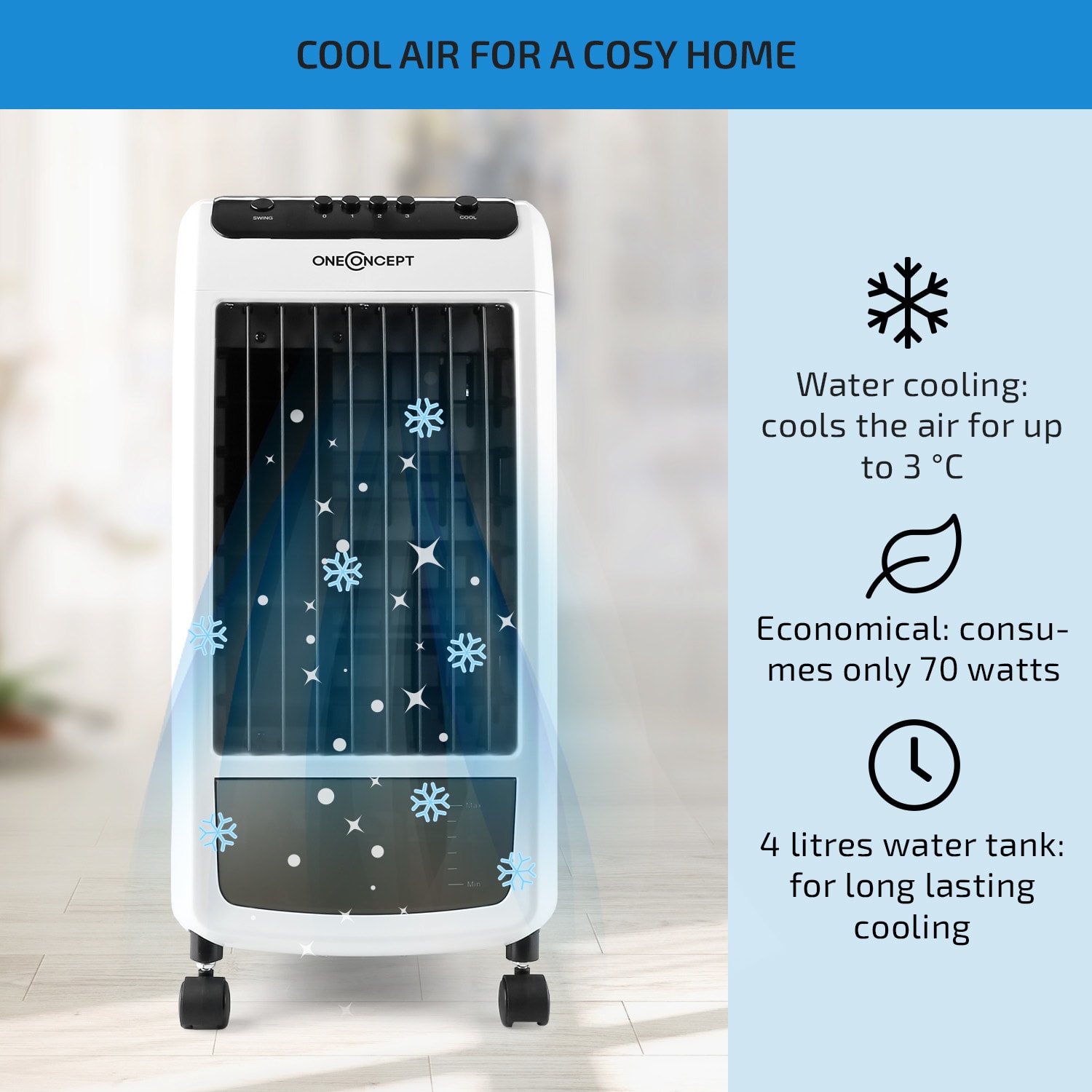 OneConcept Caribbean Blue Air Cooler Humidifier Fan 400m³ / h Black