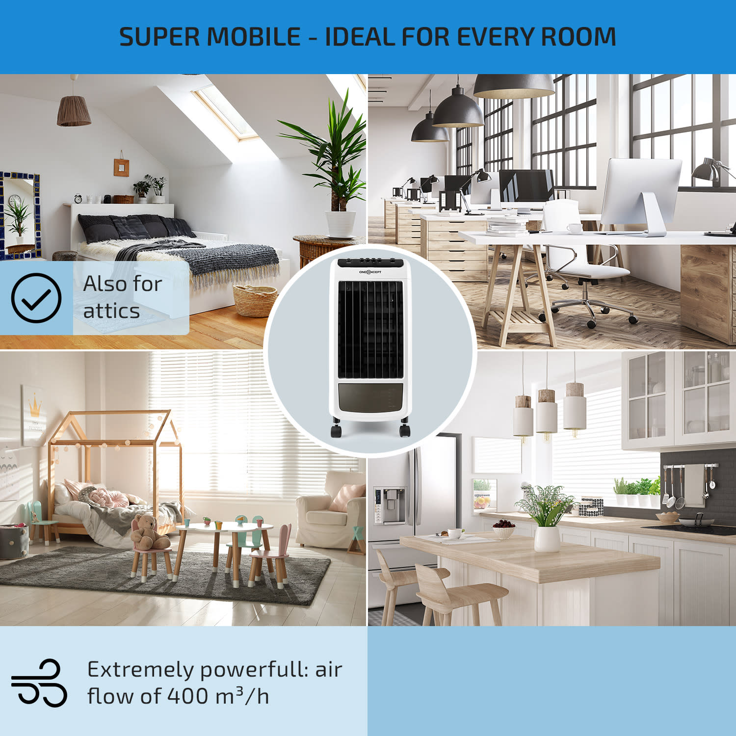 OneConcept Caribbean Blue Air Cooler Humidifier Fan 400m³ / h Black