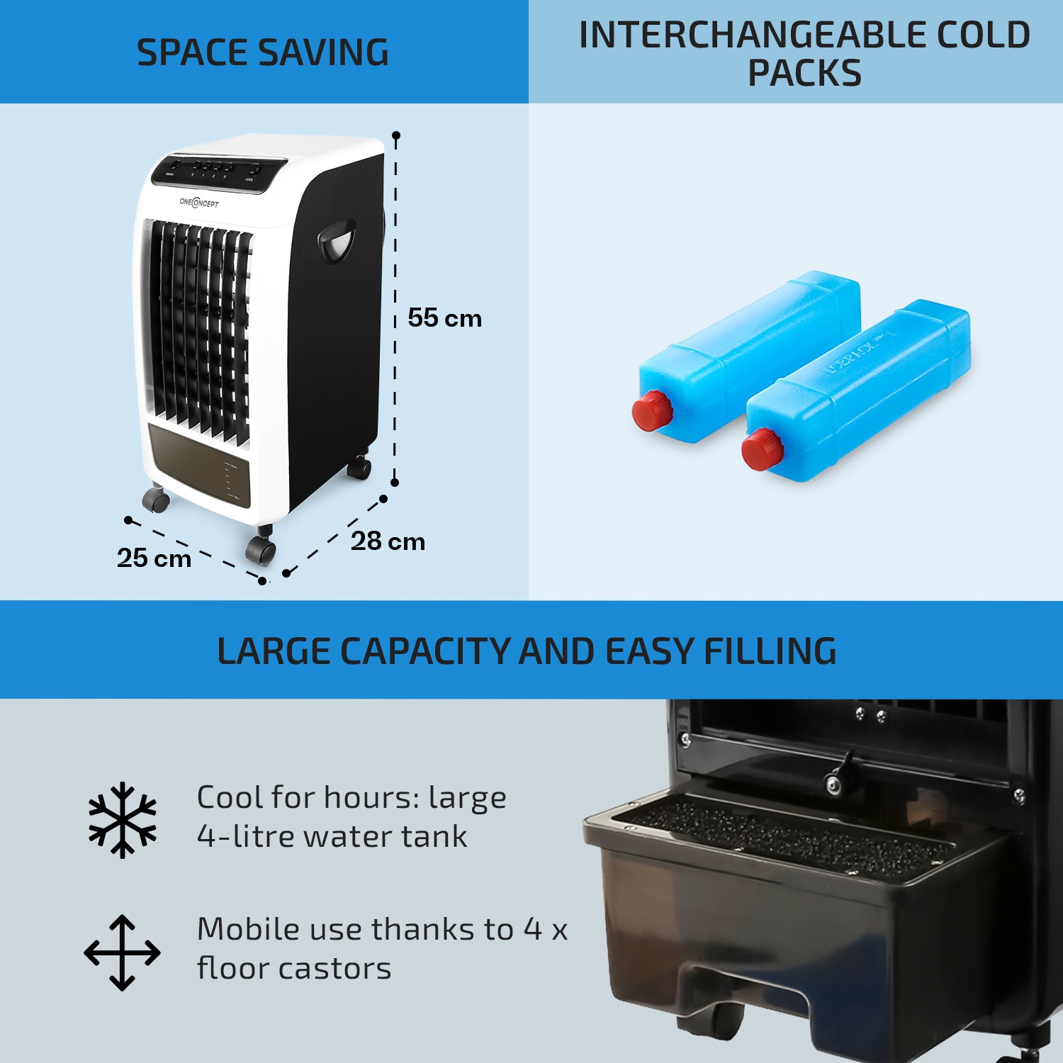 OneConcept Caribbean Blue Air Cooler Humidifier Fan 400m³ / h Black