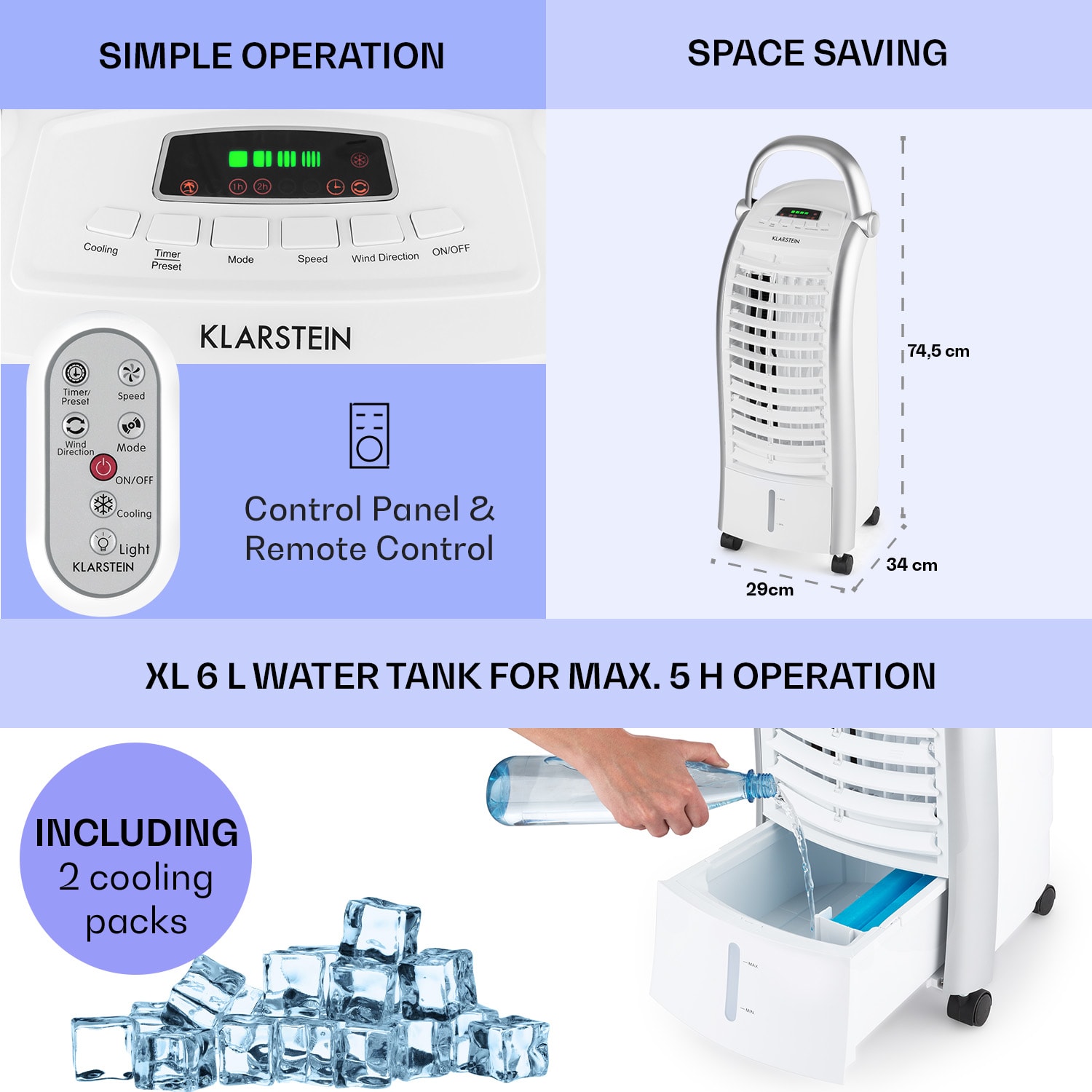 Klarstein Maxfresh Fan Air Cooler Humidifier 4-in-1 Function Oscillation 6L Water Tank 55W Timer Function