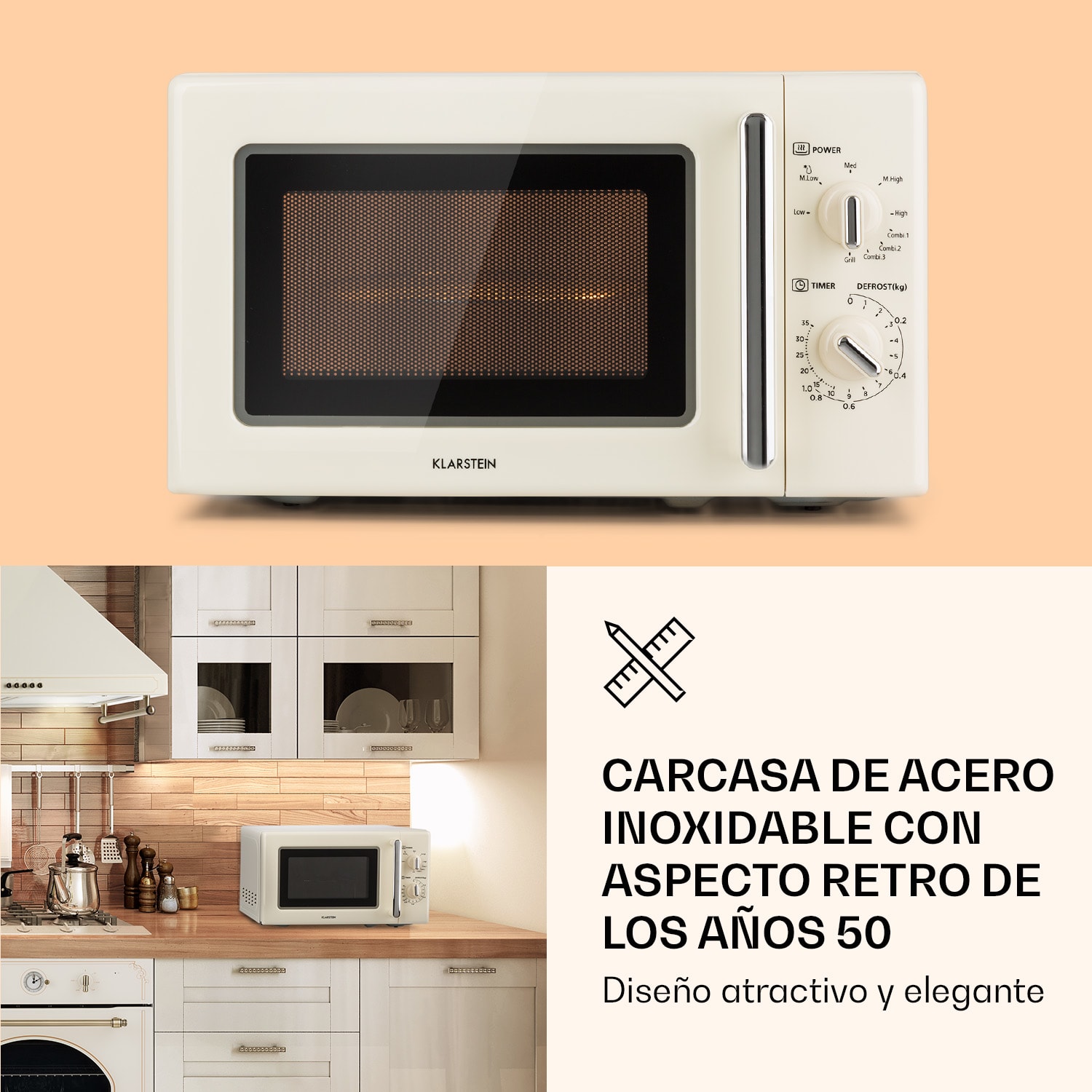 Klarstein Caroline Microondas con grill | 20 litros | Microondas de 700 W/Grill de 1000 W | Plato giratorio de 25,5 cm de Ø | QuickSelect | Diseño ret
