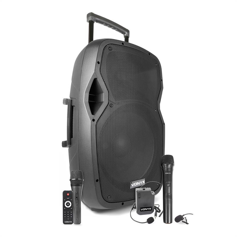 AP1500PA mobile PA-Anlage 15“ 800W BT/USB/SD/AUX 3xMikrofon Akku Trolley