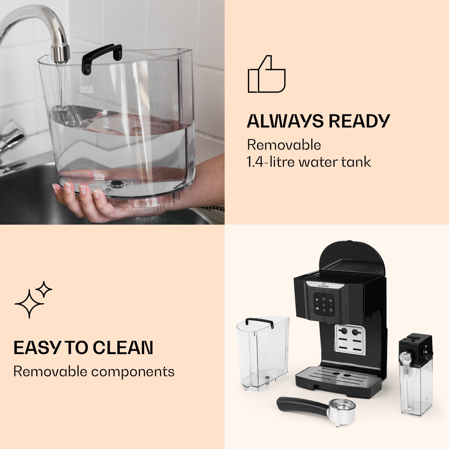 Klarstein BellaVita Coffee Maker 3-in-1 1450 W 20 Bar Milk Frother