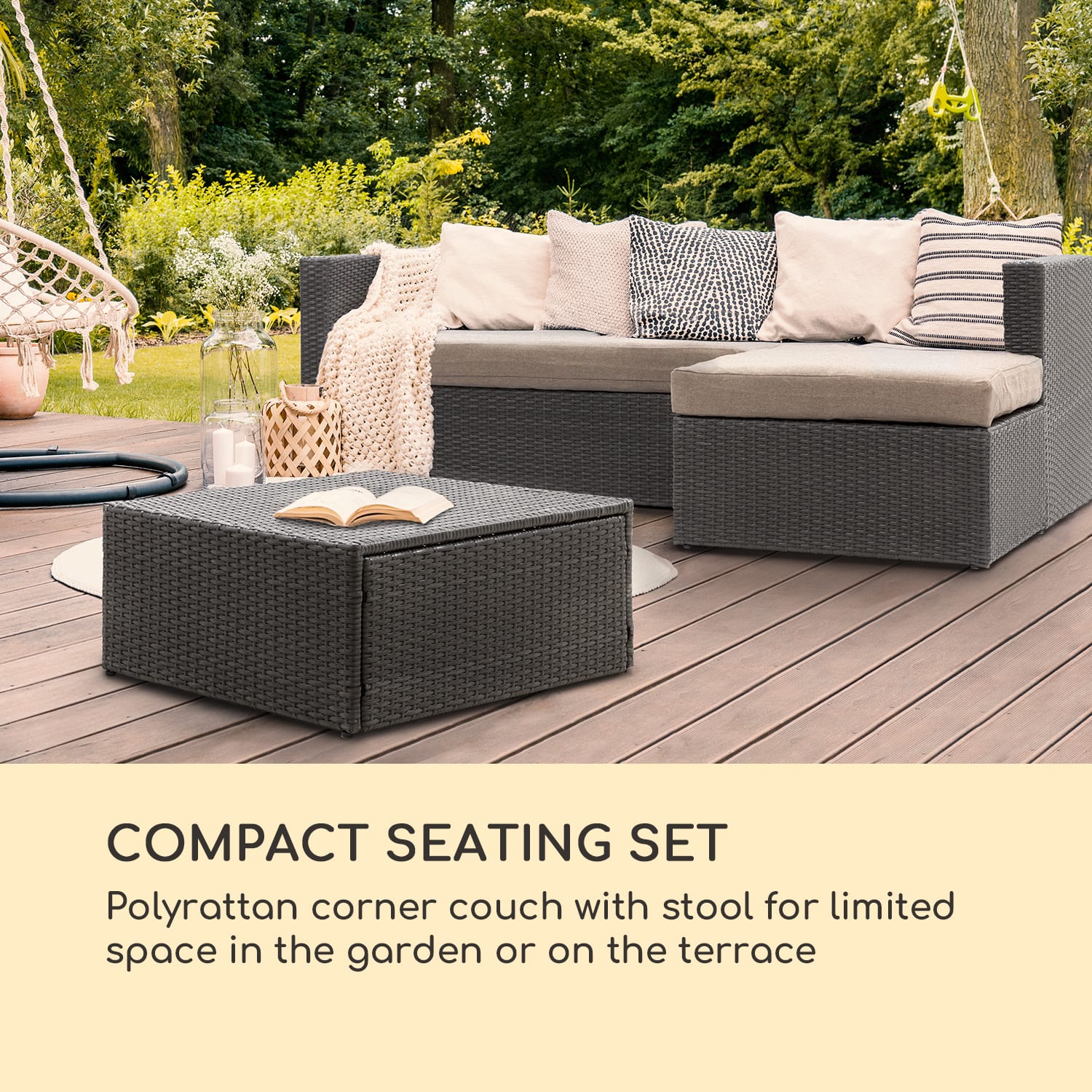 Blumfeldt Theia Lounge Set, kerti ülőgarnitúra, sarok kanapé, asztal, 5 párna, fekete termék 2. képe