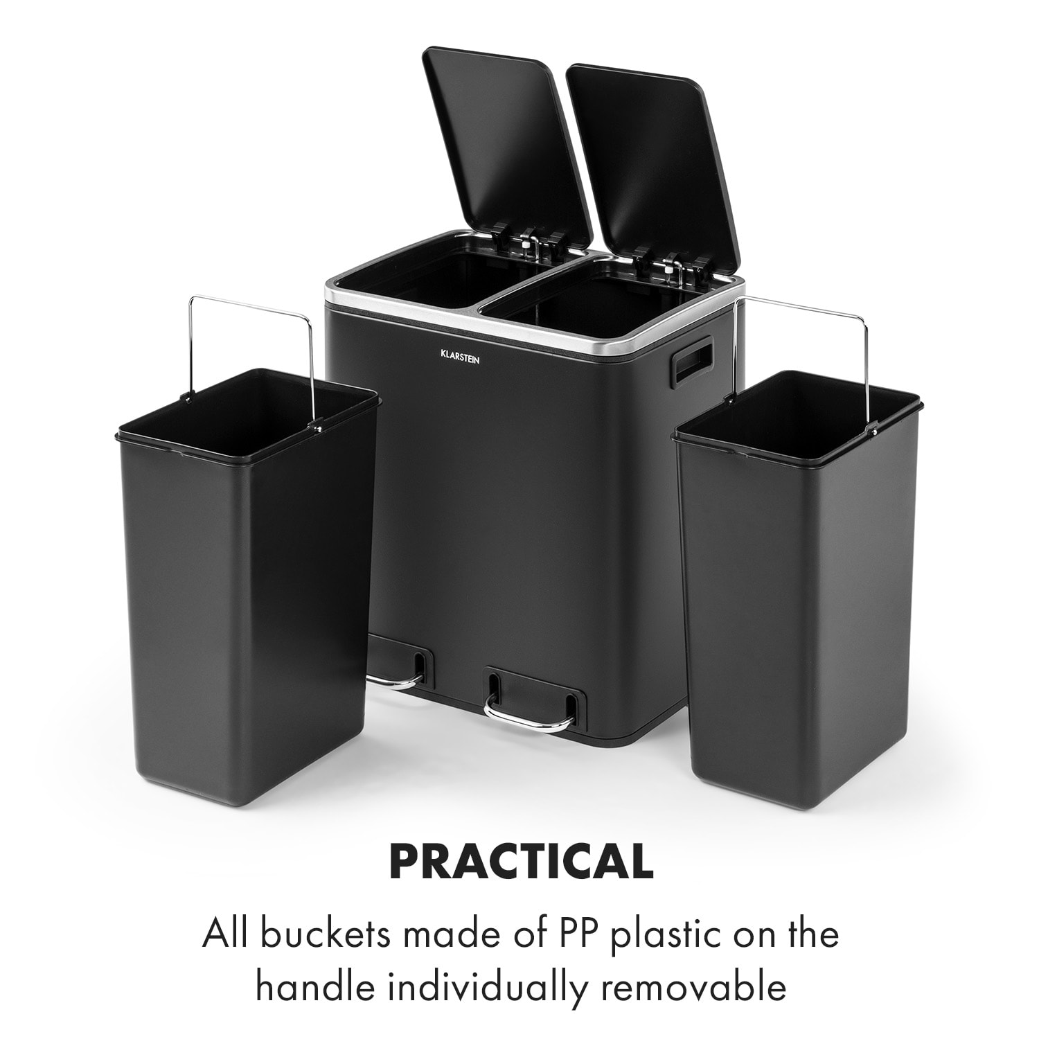 Klarstein Trash Gordon Pedal Bin 30L / 2x15L Noiseless PP Stainless Steel Black