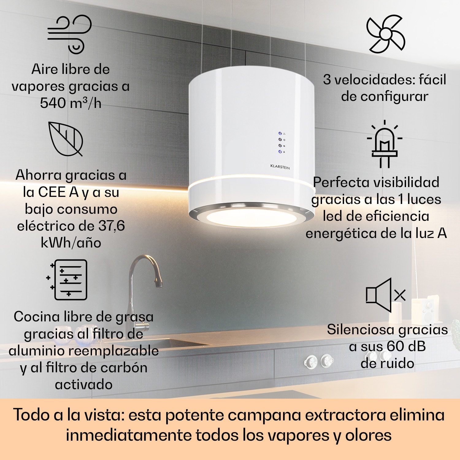 Klarstein Tron Ambience campana extractora en isla Ø38 cm recirculación 540 m³/h LED blanca