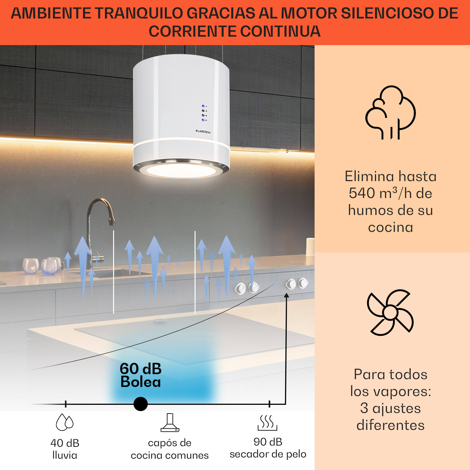 Klarstein Tron Ambience campana extractora en isla Ø38 cm recirculación 540 m³/h LED blanca