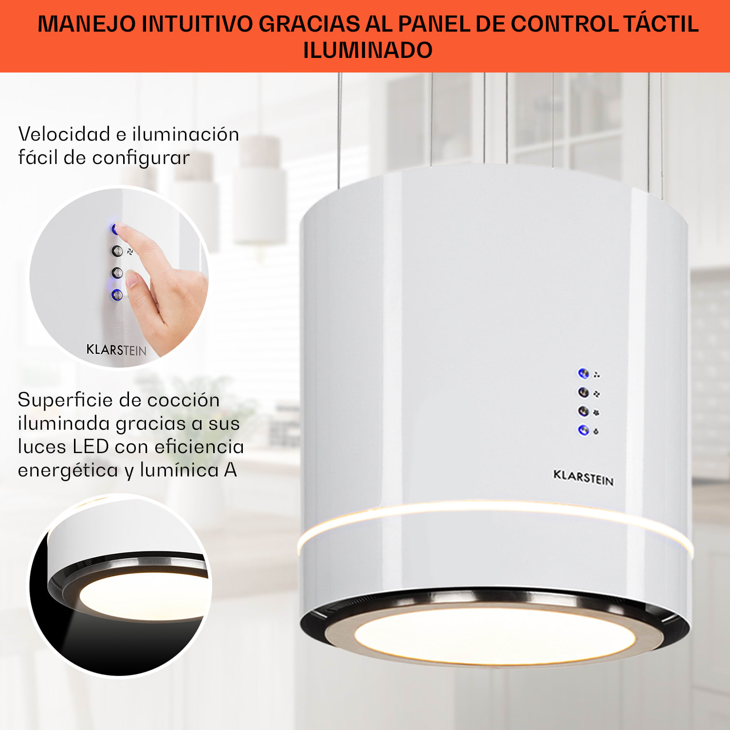 Klarstein Tron Ambience campana extractora en isla Ø38 cm recirculación 540 m³/h LED blanca