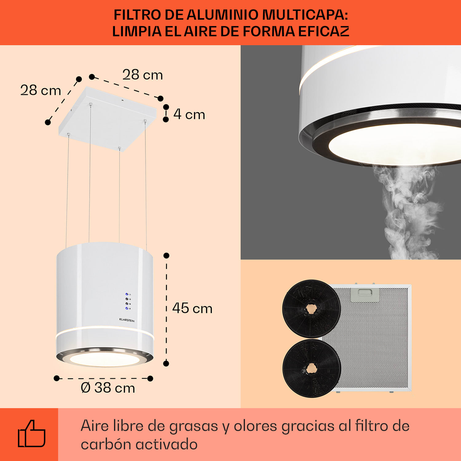 Klarstein Tron Ambience campana extractora en isla Ø38 cm recirculación 540 m³/h LED blanca