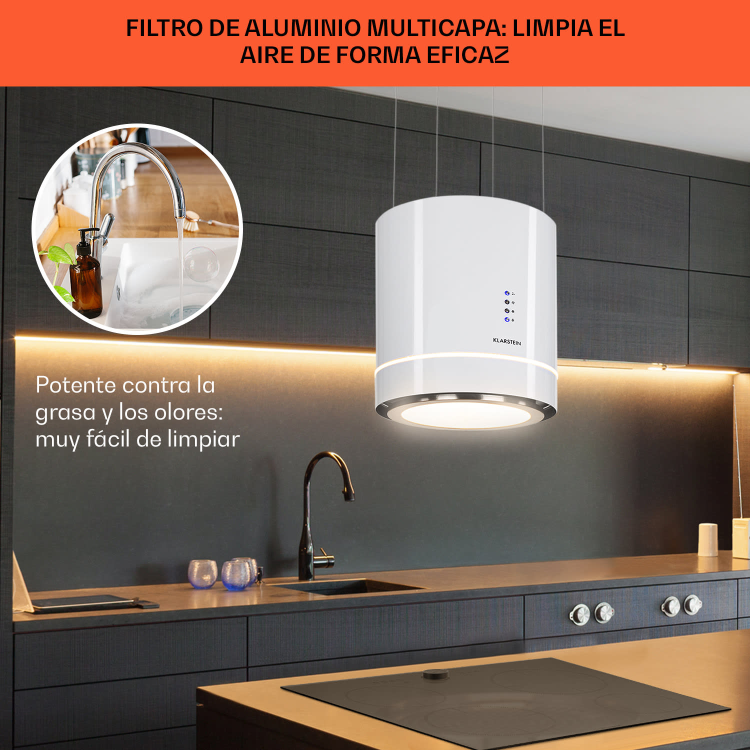 Klarstein Tron Ambience campana extractora en isla Ø38 cm recirculación 540 m³/h LED blanca