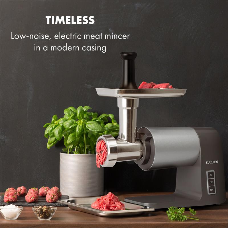 Klarstein Mett Max Picadora de carne eléctrica 600 W Motor de cobre Set para salchichas Color gris