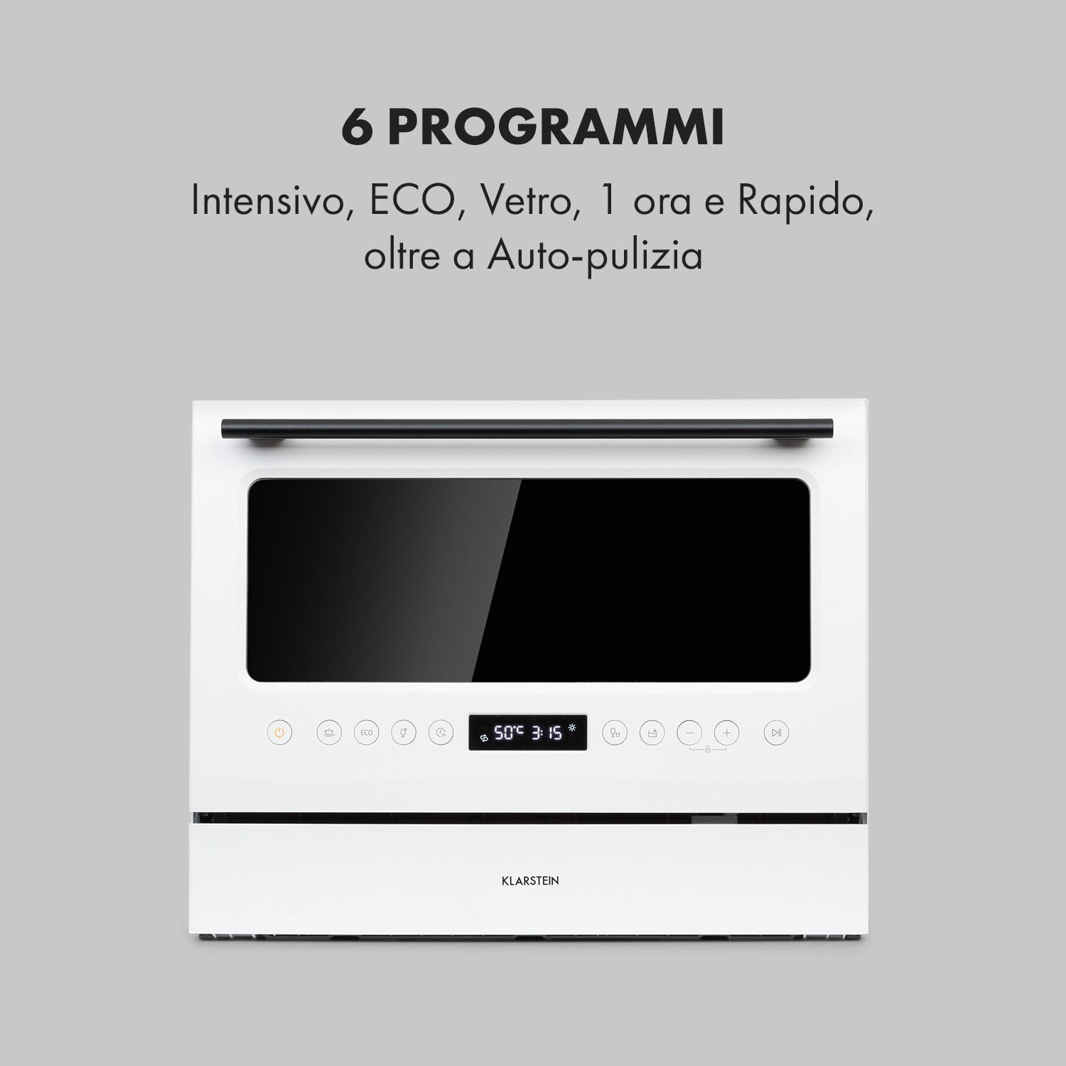 Klarstein Azuria - Lavastoviglie, 1380 W, 6,5 l, 6 coperti, frontale in vetro nero