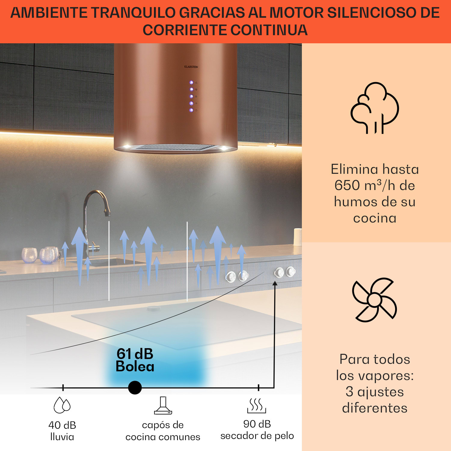 Klarstein Beretta Campana de isla Ø 35 cm Recirculación y extracción del aire 650m³/h led Cobre