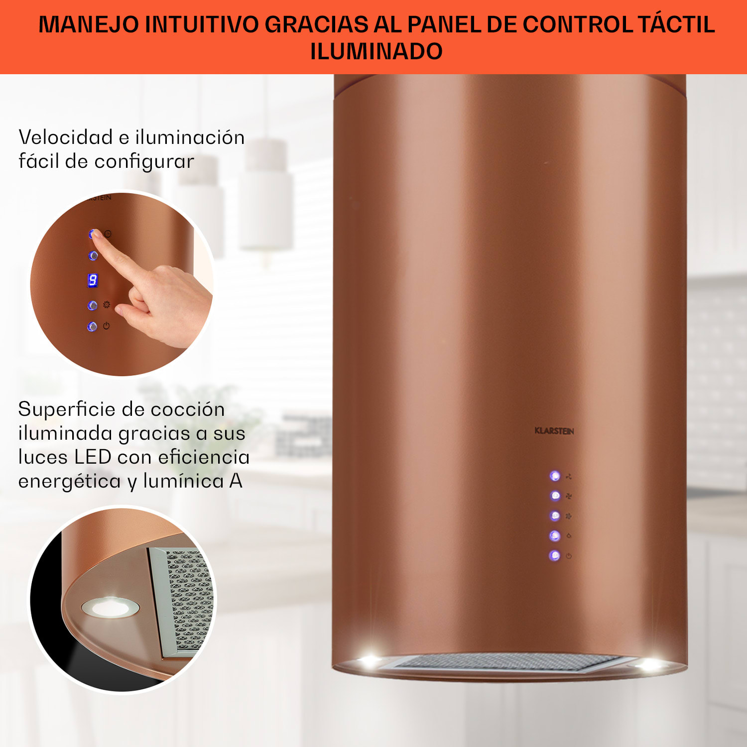 Klarstein Beretta Campana de isla Ø 35 cm Recirculación y extracción del aire 650m³/h led Cobre