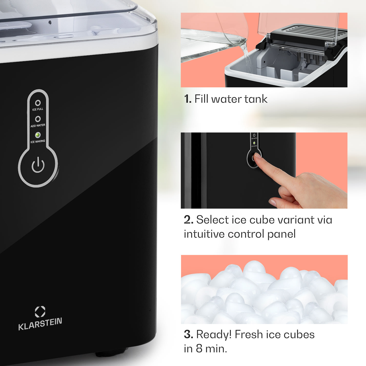 Klarstein Chillout Ice Machine Bullet-shaped Ice 12kg/24h Water Tank: 1.5l black
