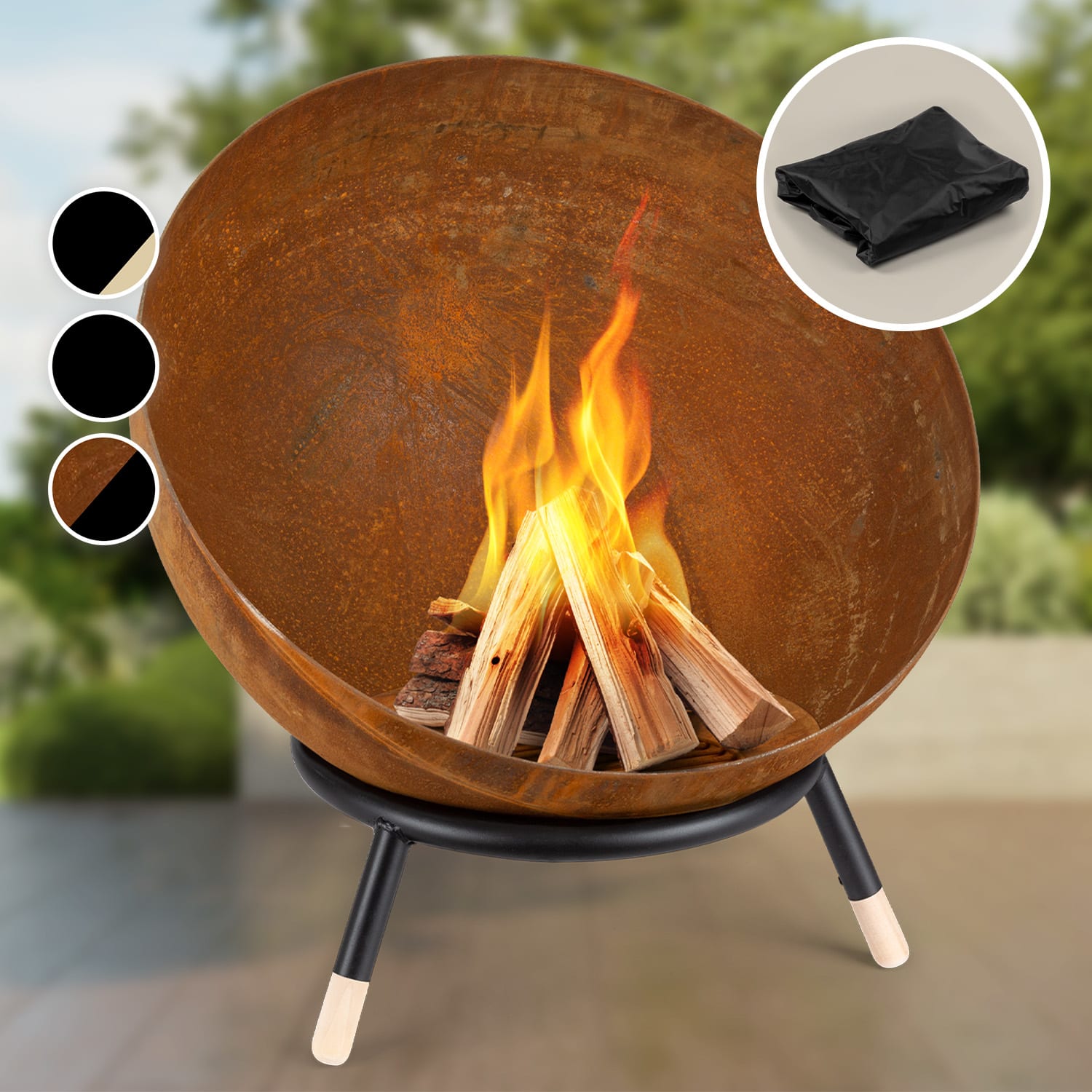 Blumfeldt Orange Fireball Rust, Fire Bowl, 60 Cm Ø, Tiltable, Rust Finish, Rust / Wood