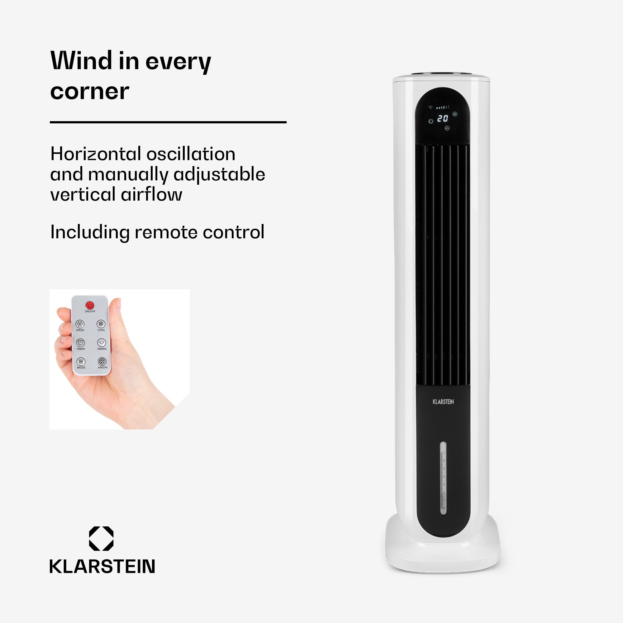 Klarstein Polar Tower Smart, Fan, Air Cooler, 7L, 85W, Remote Control, 5 x Ice Pack