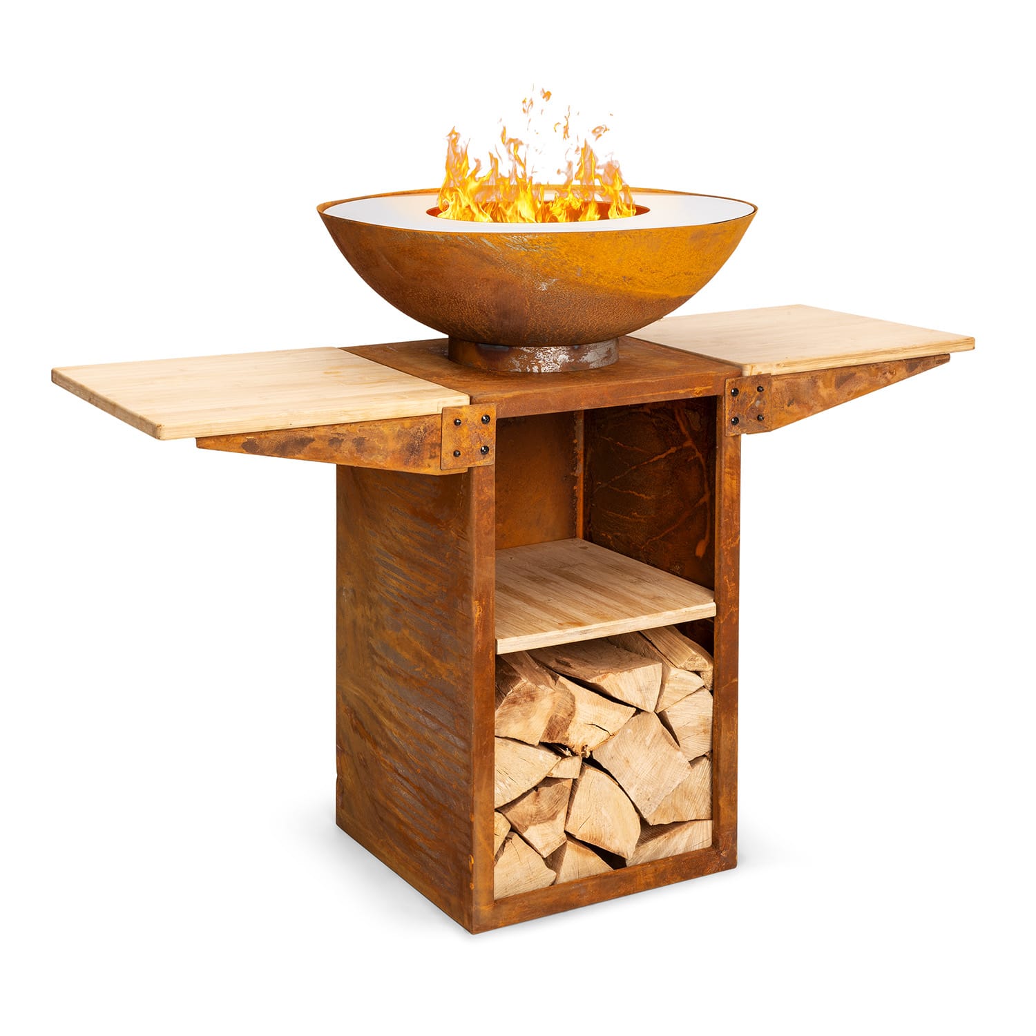 Blumfeldt Savage 2.0 Tall Feuerschale mit Grill Bambus-Seitentische inkl. Wetterschutz