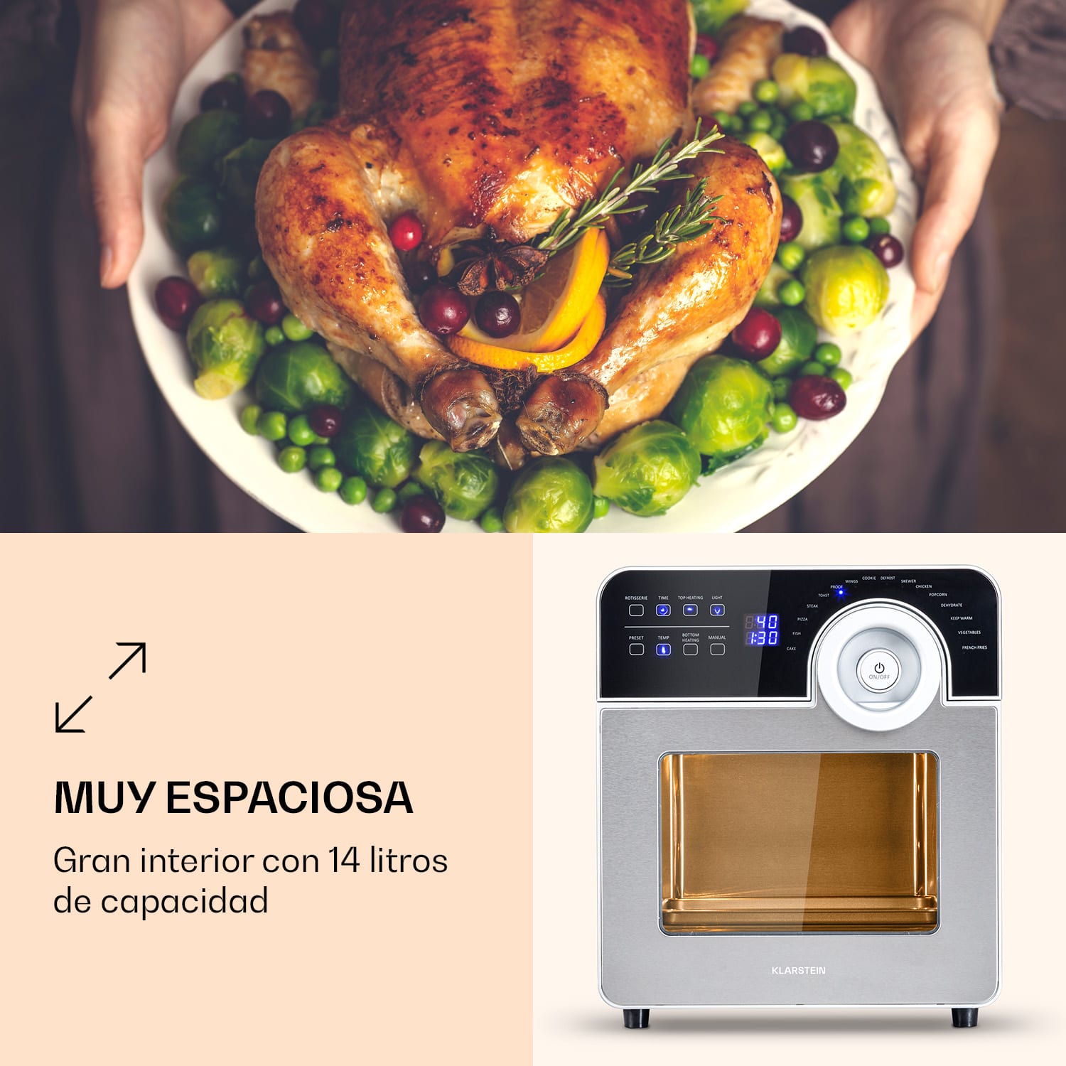 Klarstein AeroVital Cube Chef Freidora de aire caliente 1700 W 14 L 16 programas Calor superior e inferior
