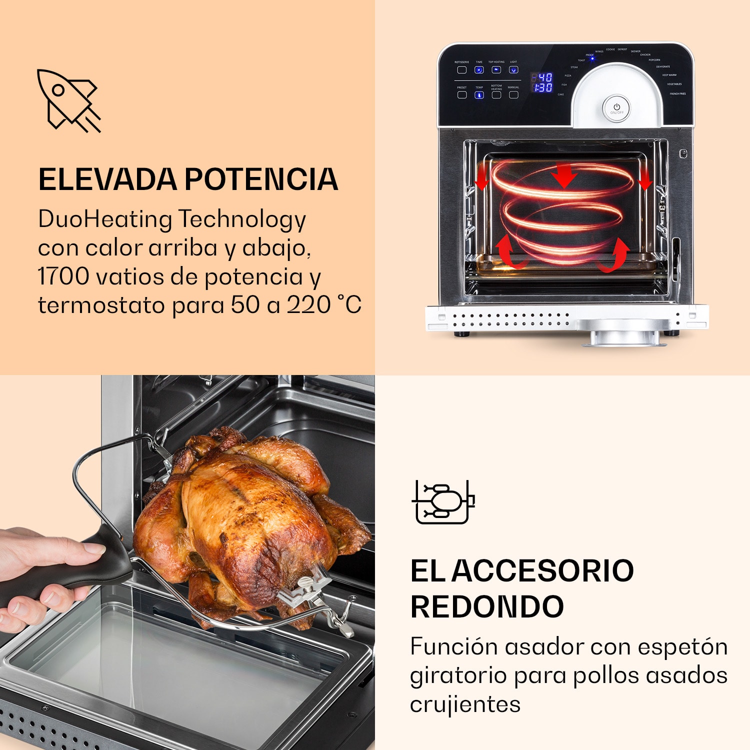 Klarstein AeroVital Cube Chef Freidora de aire caliente 1700 W 14 L 16 programas Calor superior e inferior