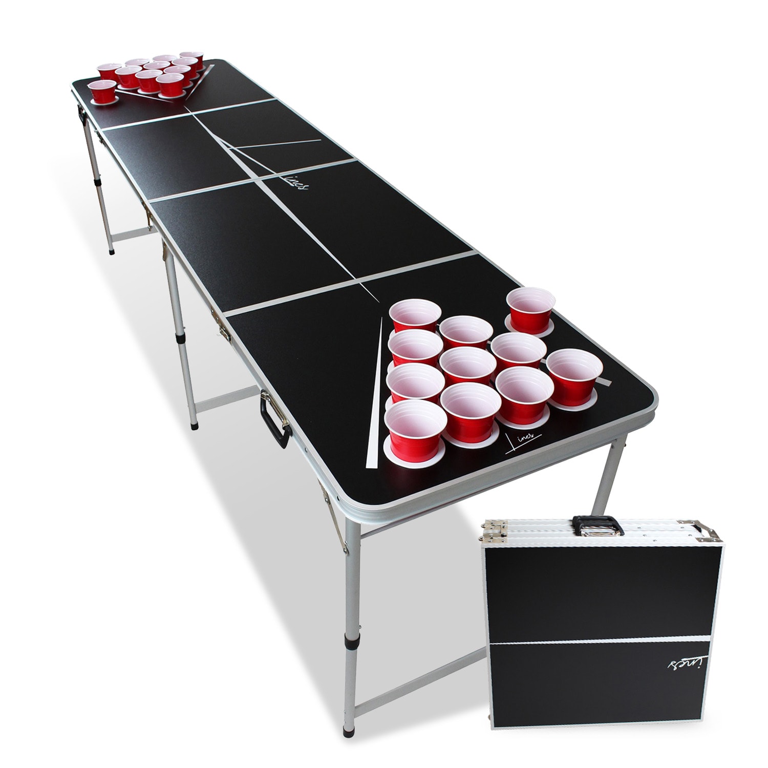 BeerCup Backspin, set cu masă pentru Beer Pong, linii, mânere, suport pentru bile, 6 mingi