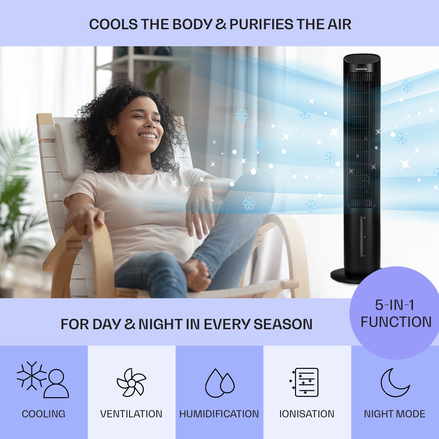 Klarstein Mistral 5-in-1 air cooler fan humidifier ioniser 360 m³/h remote control