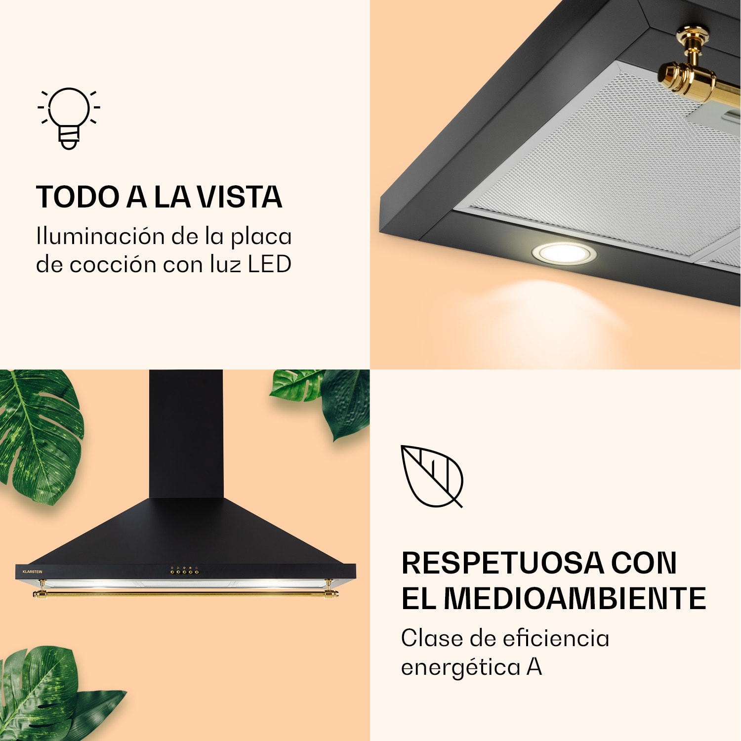 Klarstein Montblanc 90 Campana extractora 610 m³/h 165W 2x1,5W LED Barra