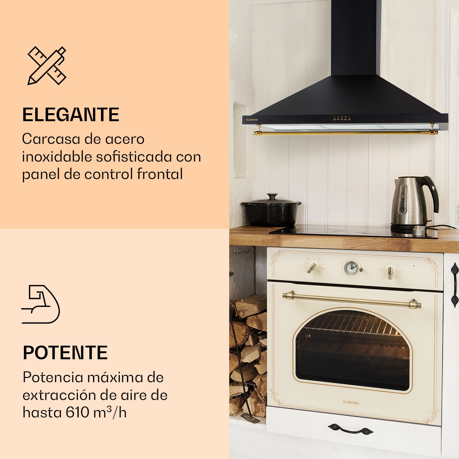 Klarstein Montblanc 90 Campana extractora 610 m³/h 165W 2x1,5W LED Barra
