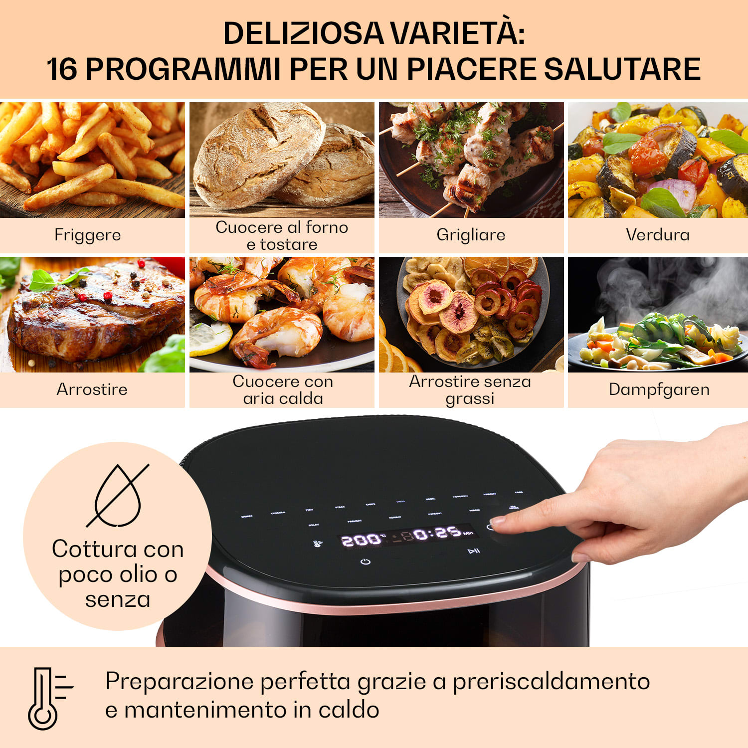 Klarstein Air Bloom friggitrice ad aria calda con funzione vapore, 1500W, 7,5 litri, 16 programmi