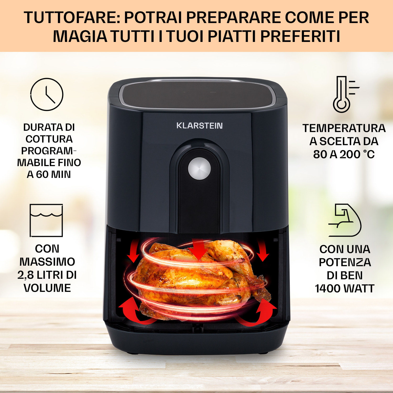 Klarstein Crisp-Pro friggitrice ad aria calda Air Fryer 1400W, 2,8 litri, 8 programmi, timer, acciaio inox