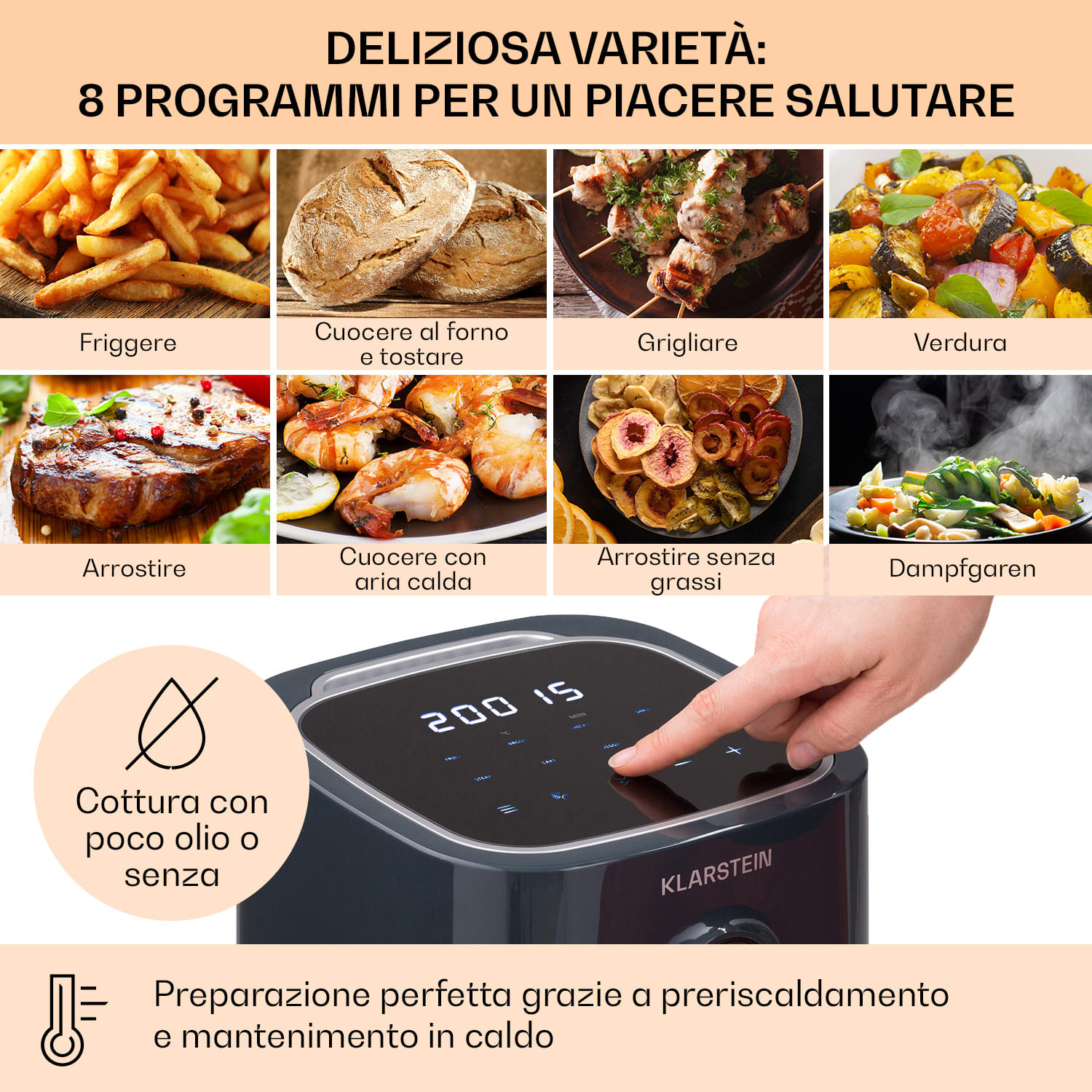Klarstein Crisp-Pro friggitrice ad aria calda Air Fryer 1400W, 2,8 litri, 8 programmi, timer, acciaio inox