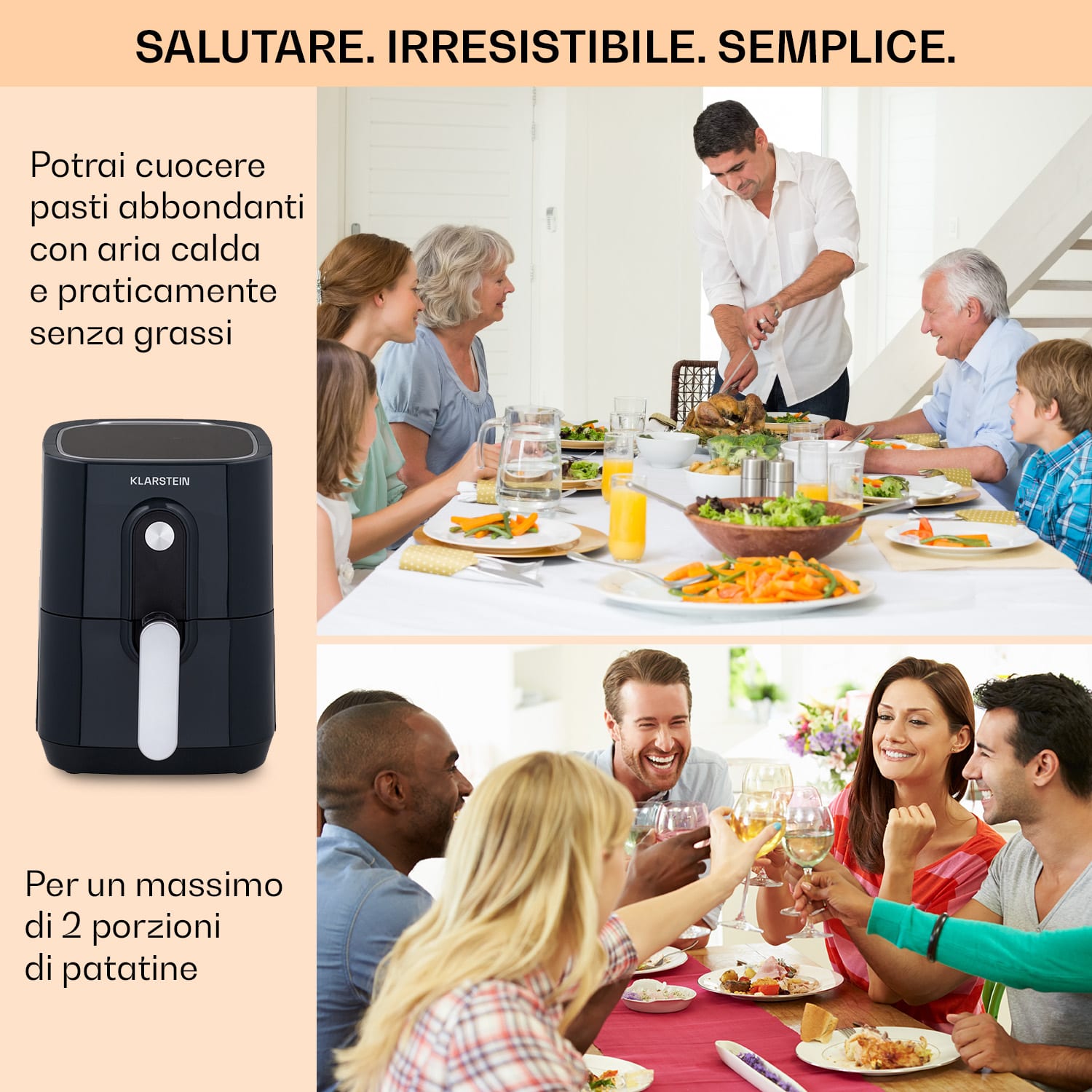 Klarstein Crisp-Pro friggitrice ad aria calda Air Fryer 1400W, 2,8 litri, 8 programmi, timer, acciaio inox