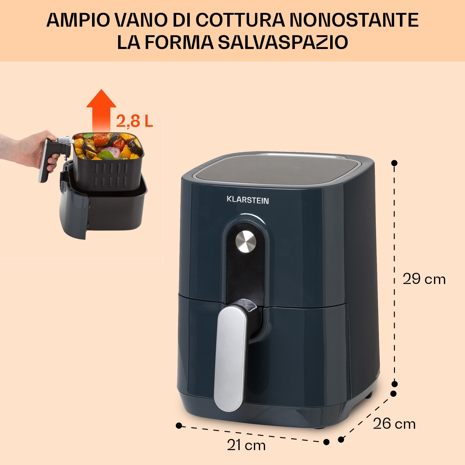 Klarstein Crisp-Pro friggitrice ad aria calda Air Fryer 1400W, 2,8 litri, 8 programmi, timer, acciaio inox