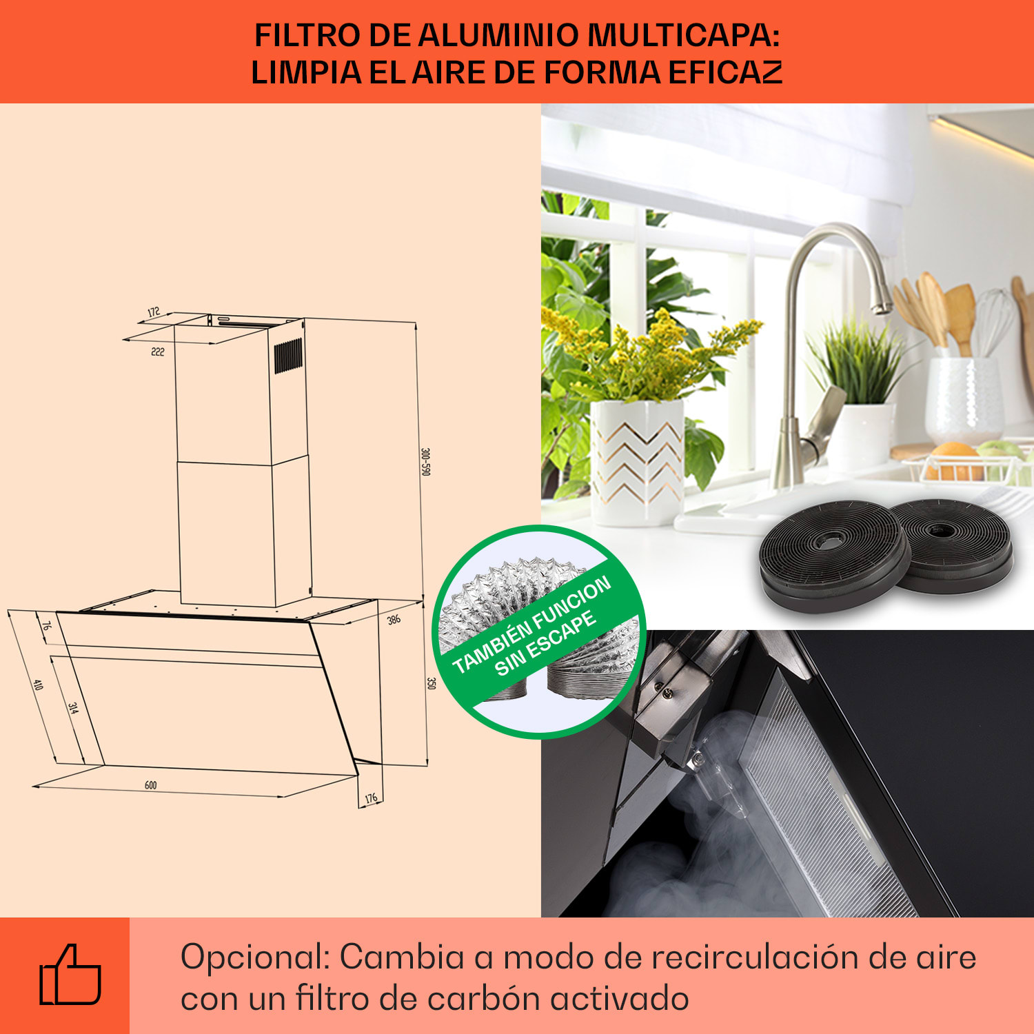 Klarstein Campana extractora Ava 60 60cm Wall Hood WiFi A++ 515 m³/h Touch