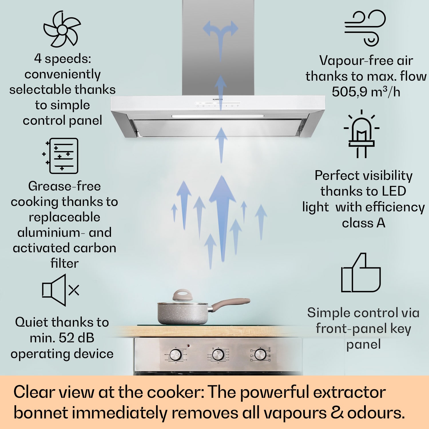 Klarstein Alinea 90 Cooker Extractor Hood 90 cm Wall Hood WiFi A++ 500m³/h Touch