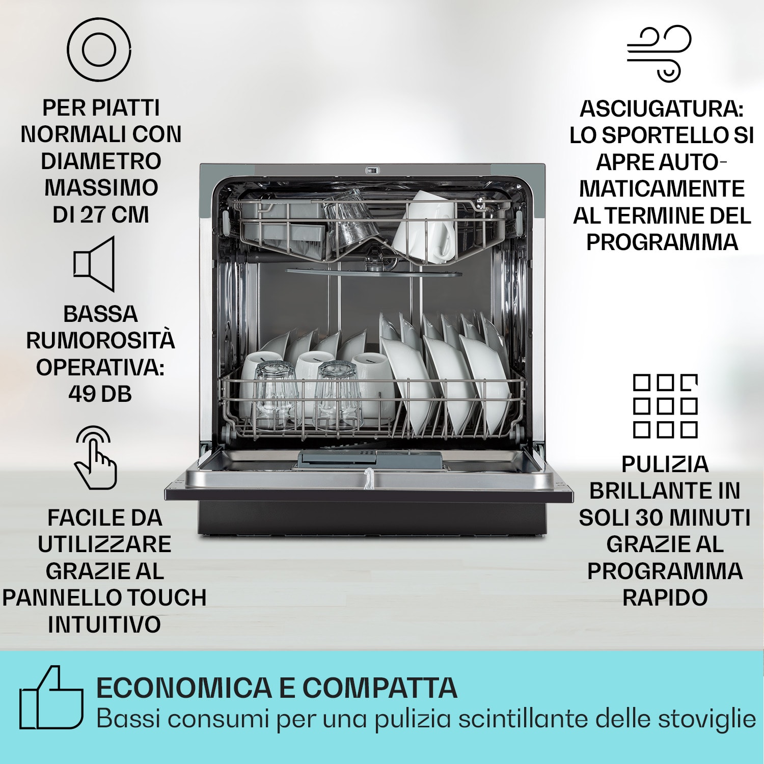 Klarstein Amazonia 8 lavastoviglie, 1620 Watt, per 8 coperti, 49 dB, Aquastop