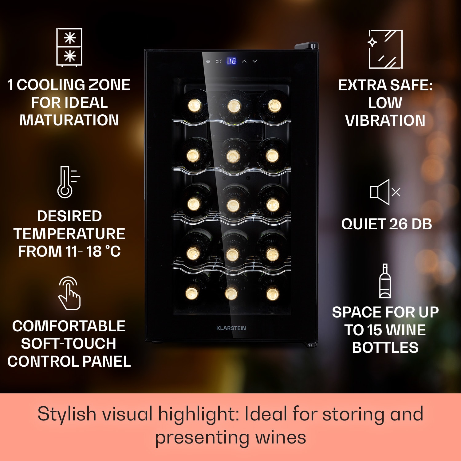 Klarstein Barolo 15 Uno Wine Fridge 48 Ltr 15 Bottles 11-18C SingleZone