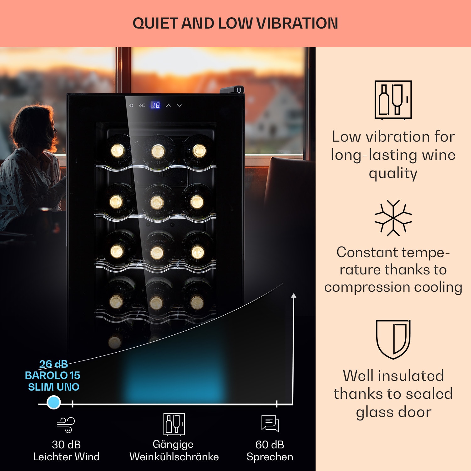 Klarstein Barolo 15 Uno Wine Fridge 48 Ltr 15 Bottles 11-18C SingleZone