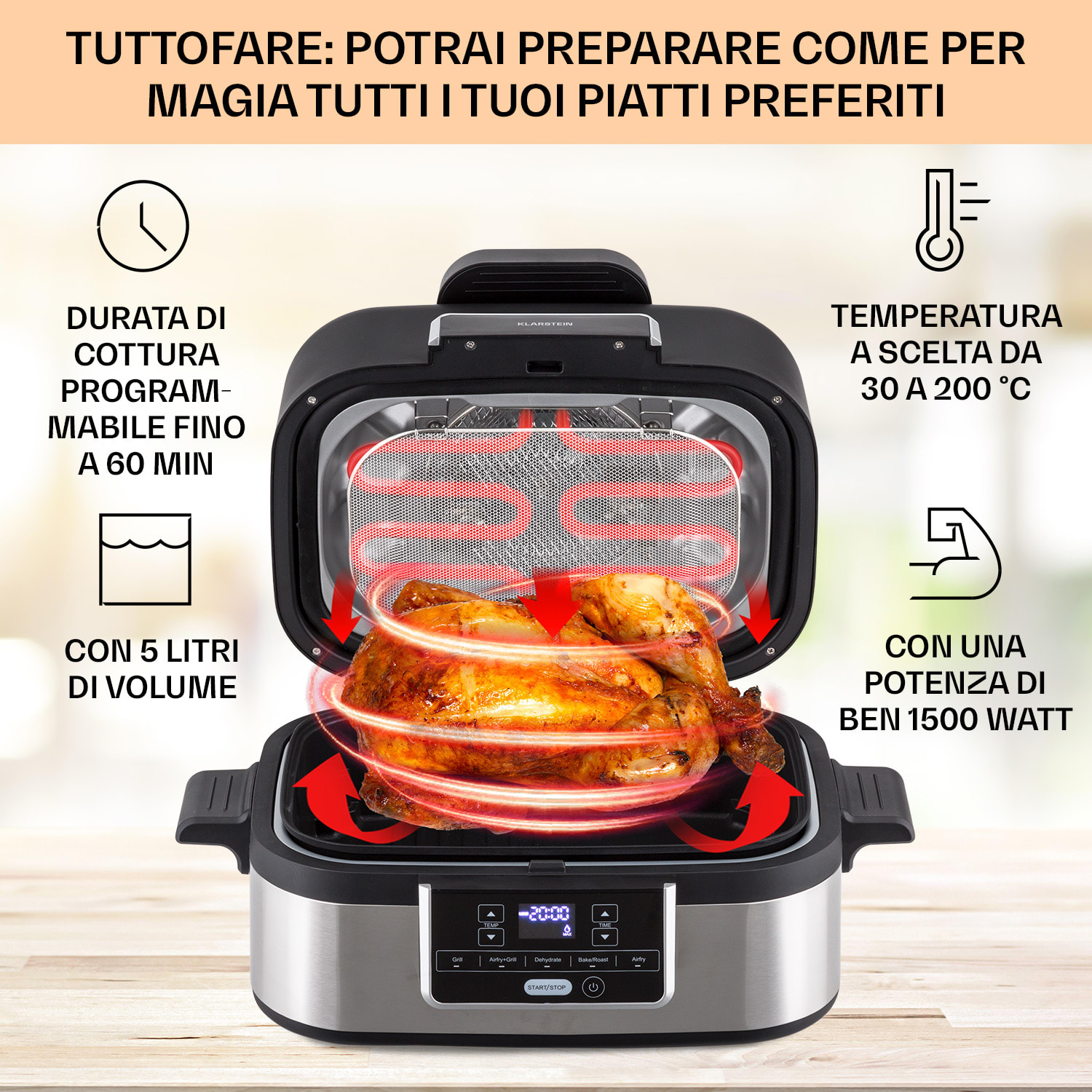 Klarstein Combo Air - Friggitrice e griglia ad aria calda, 5 programmi, 1500 watt, inserto per grigliare da 4,5 l, cestello per friggere da 2,5 l