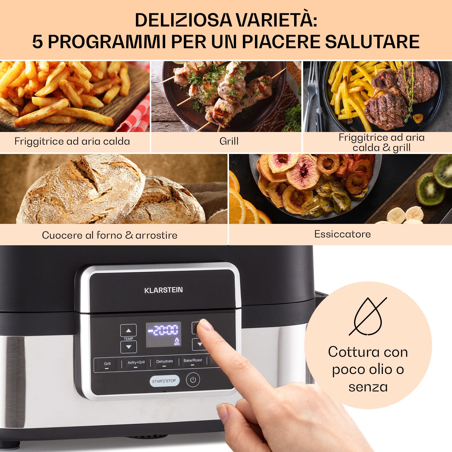 Klarstein Combo Air - Friggitrice e griglia ad aria calda, 5 programmi, 1500 watt, inserto per grigliare da 4,5 l, cestello per friggere da 2,5 l