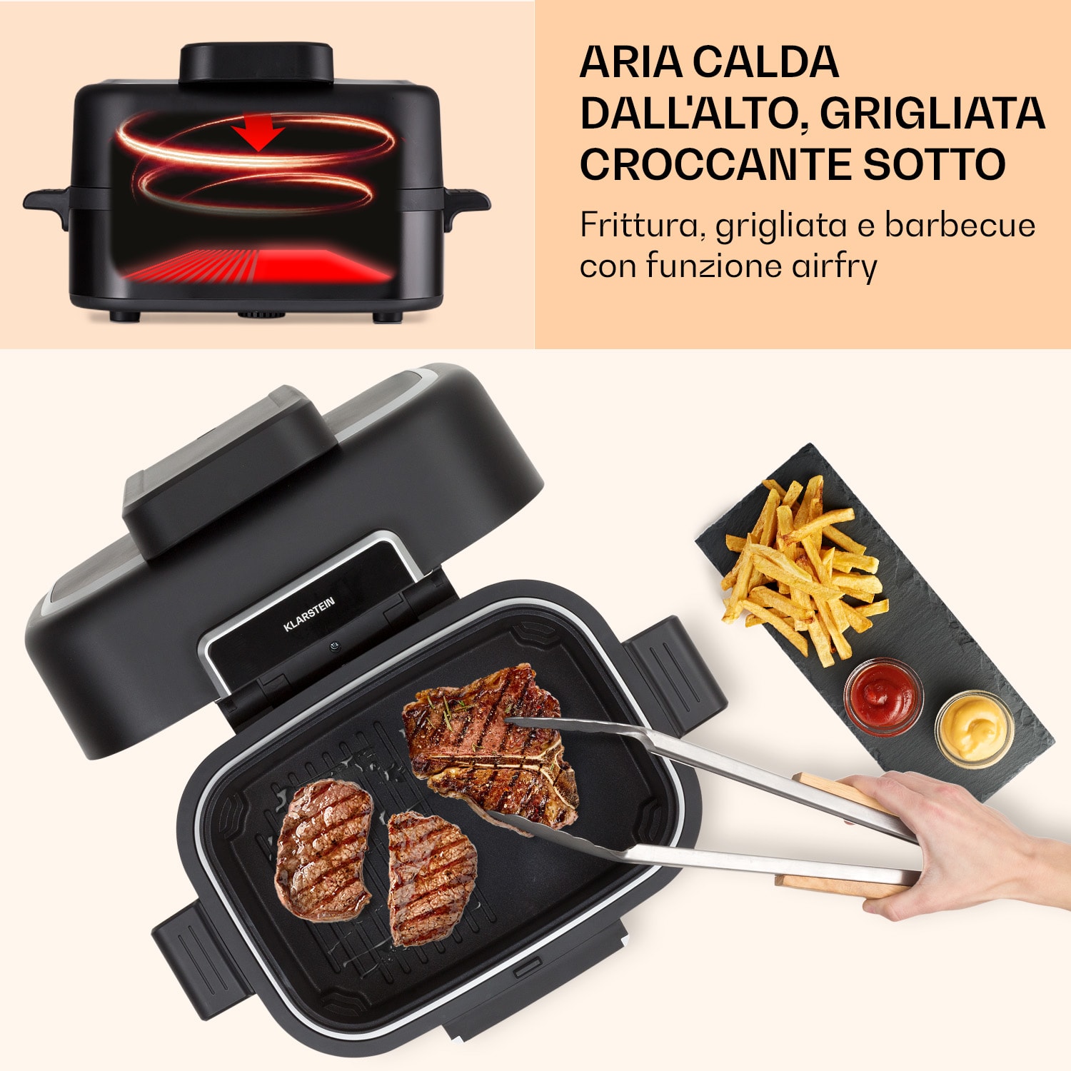Klarstein Combo Air - Friggitrice e griglia ad aria calda, 5 programmi, 1500 watt, inserto per grigliare da 4,5 l, cestello per friggere da 2,5 l