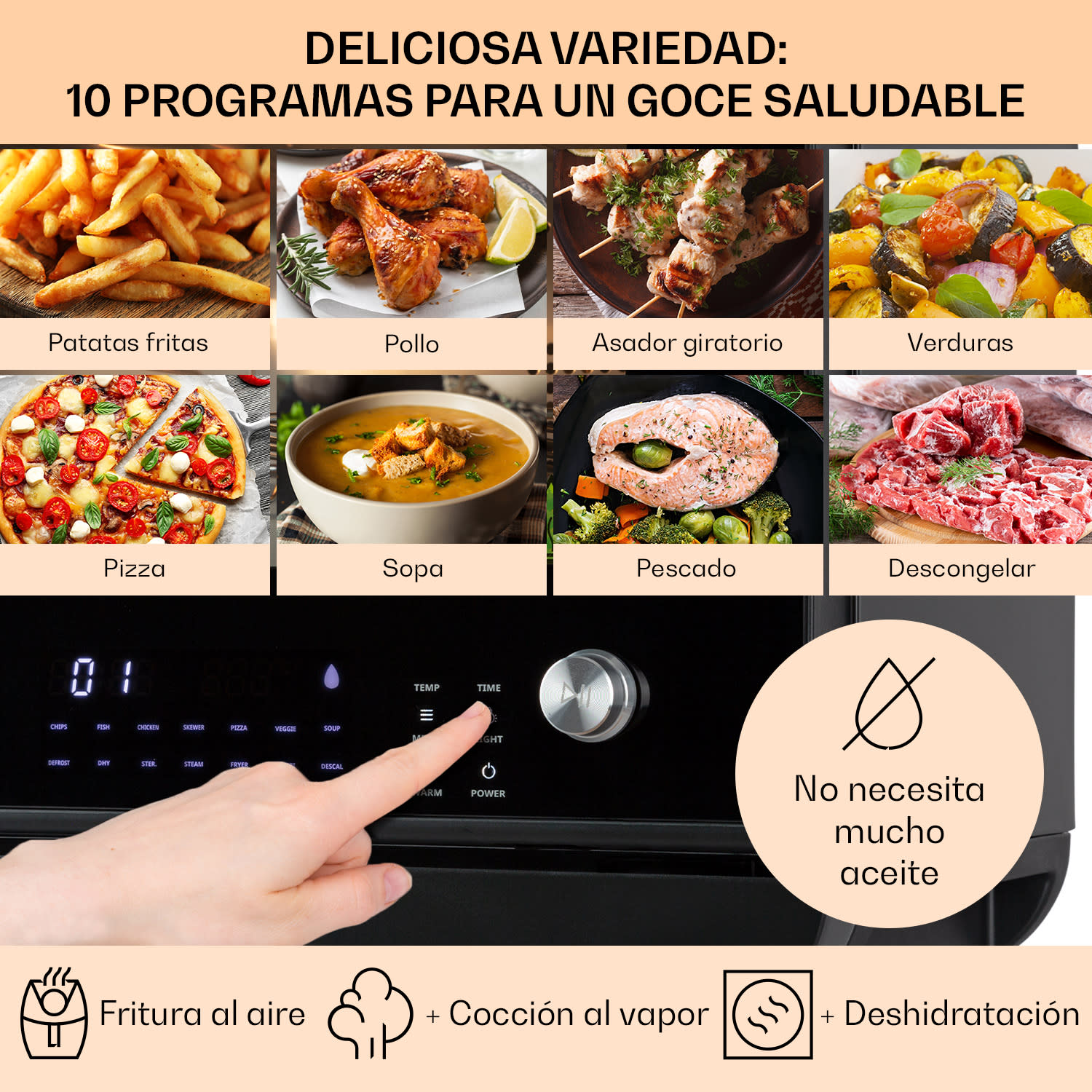 Klarstein Vita Pro Hot Air Deep Fryer con cocción vapor 2450 W 18 litros 14 programas 800 ml depósito de agua
