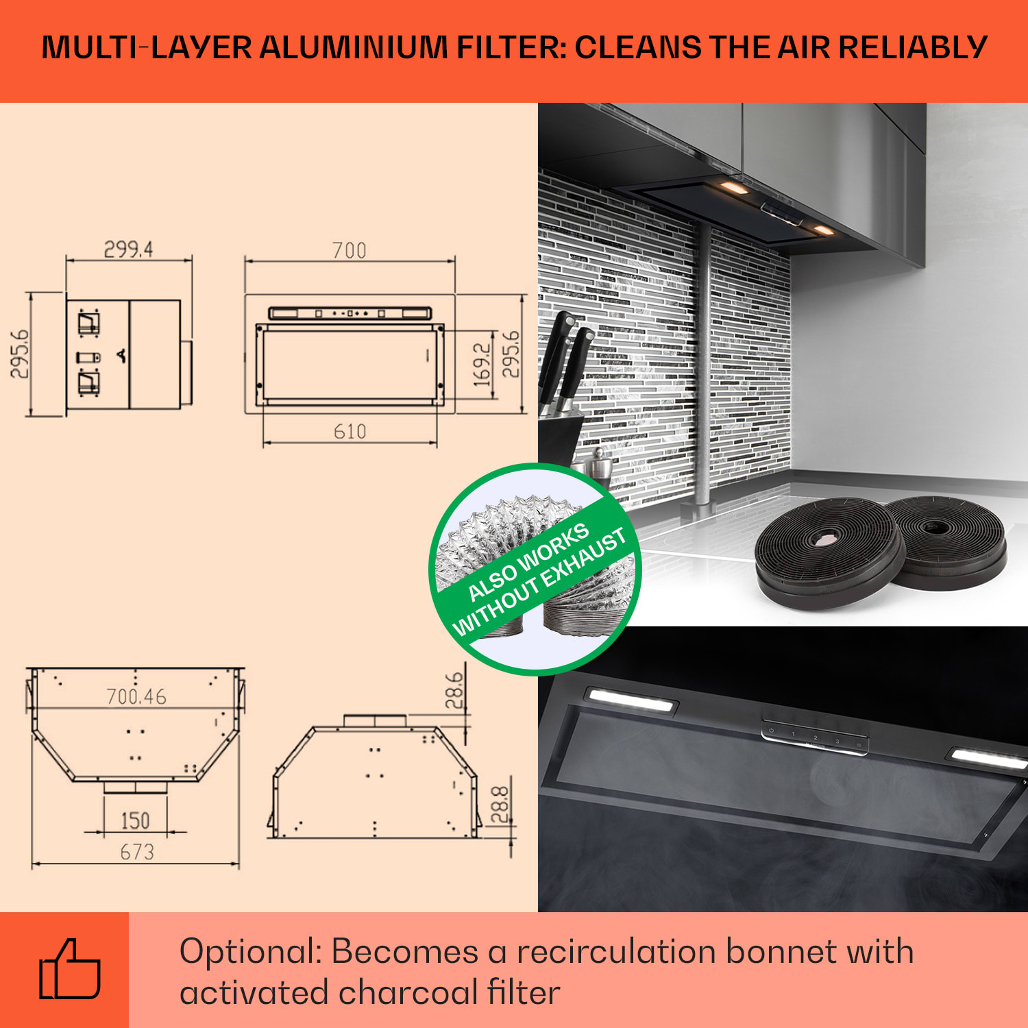 Klarstein Camila Cooker Extractor Hood Built-in 70 cm 397 m³/h LED Touch Stainless Steel