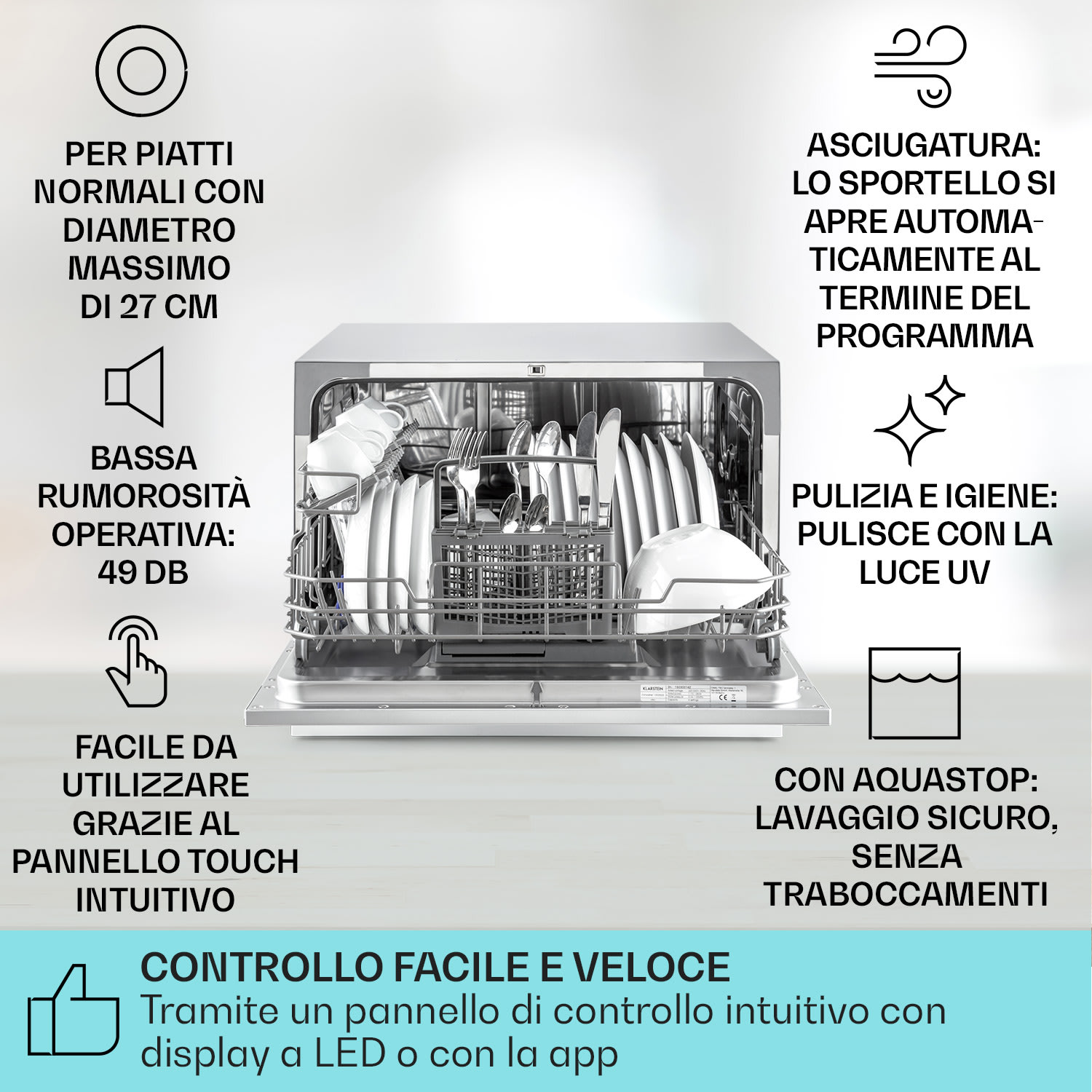 Klarstein Havasia UV 6 - Lavastoviglie, luce UV, posizionamento libero, 1380 W