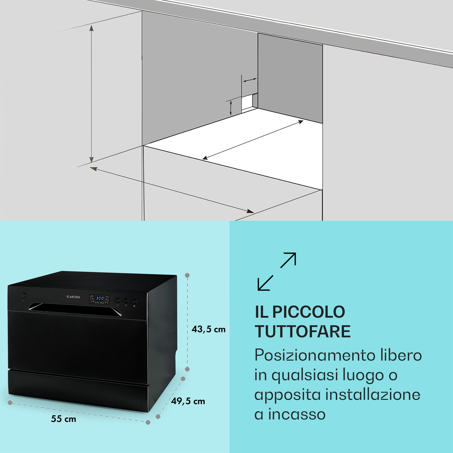Klarstein Havasia UV 6 - Lavastoviglie, luce UV, posizionamento libero, 1380 W