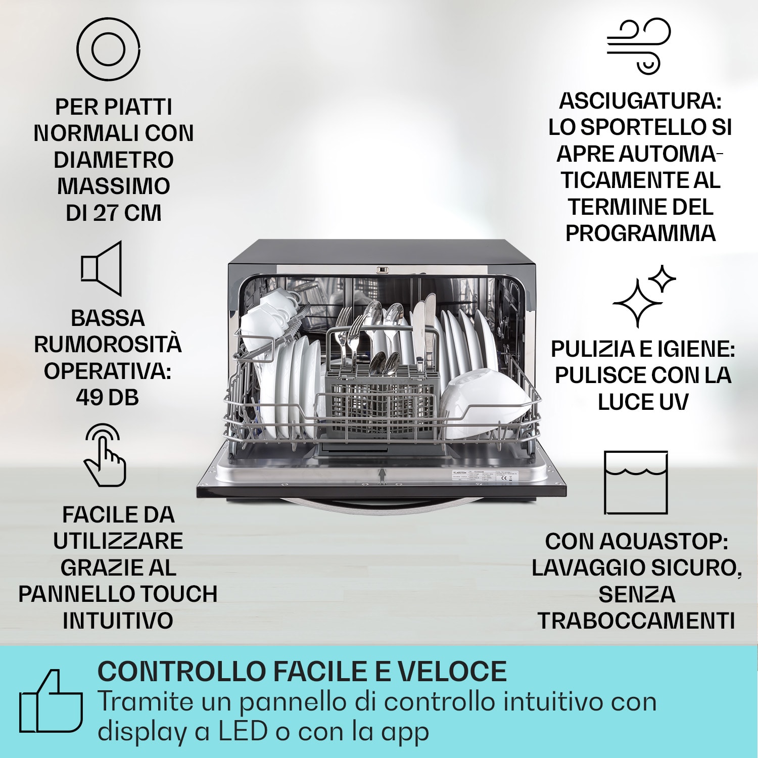 Klarstein Havasia UV 6 Luminance - Lavastoviglie, luce UV, frontale in vetro, posizionamento libero, 1380 W