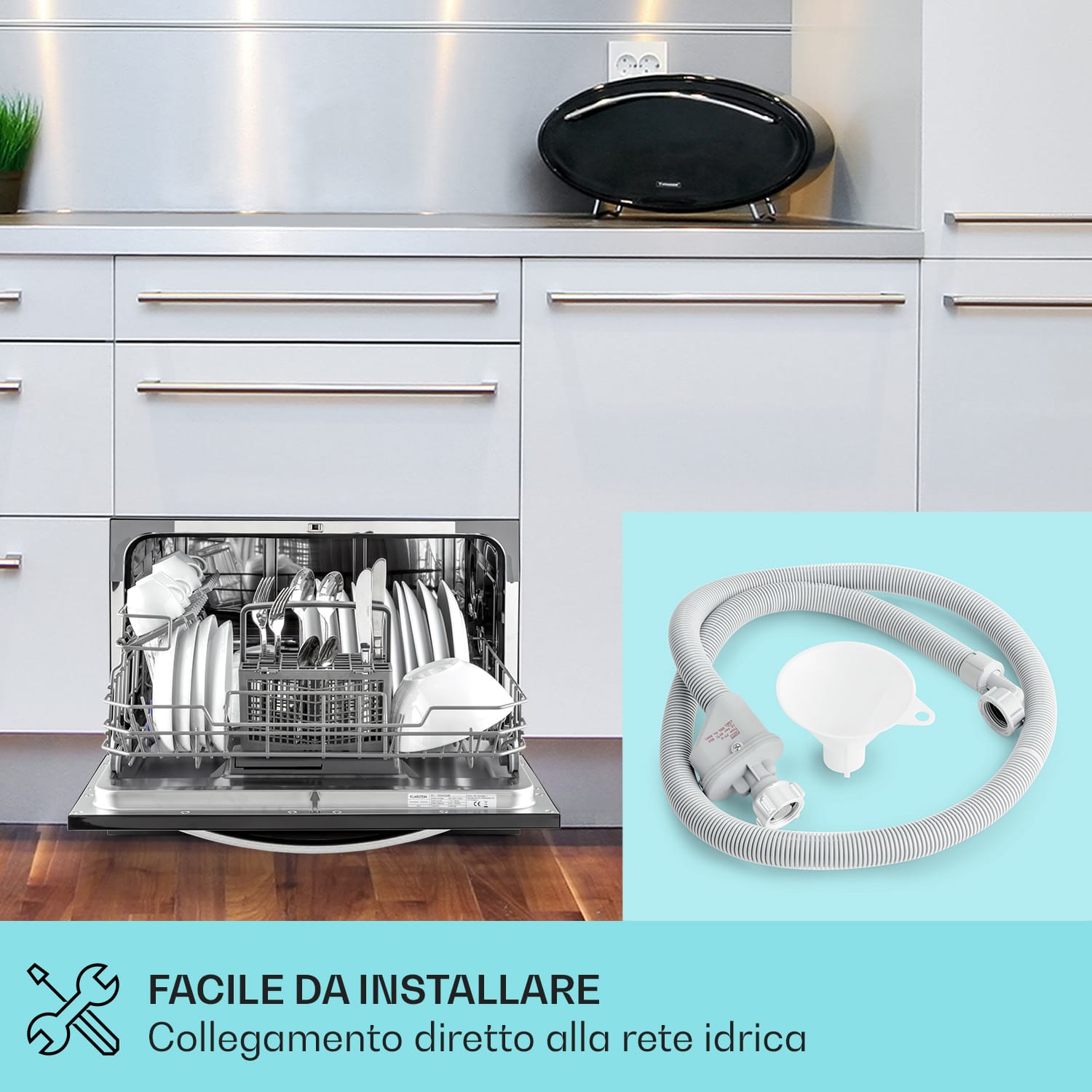 Klarstein Havasia UV 6 Luminance - Lavastoviglie, luce UV, frontale in vetro, posizionamento libero, 1380 W