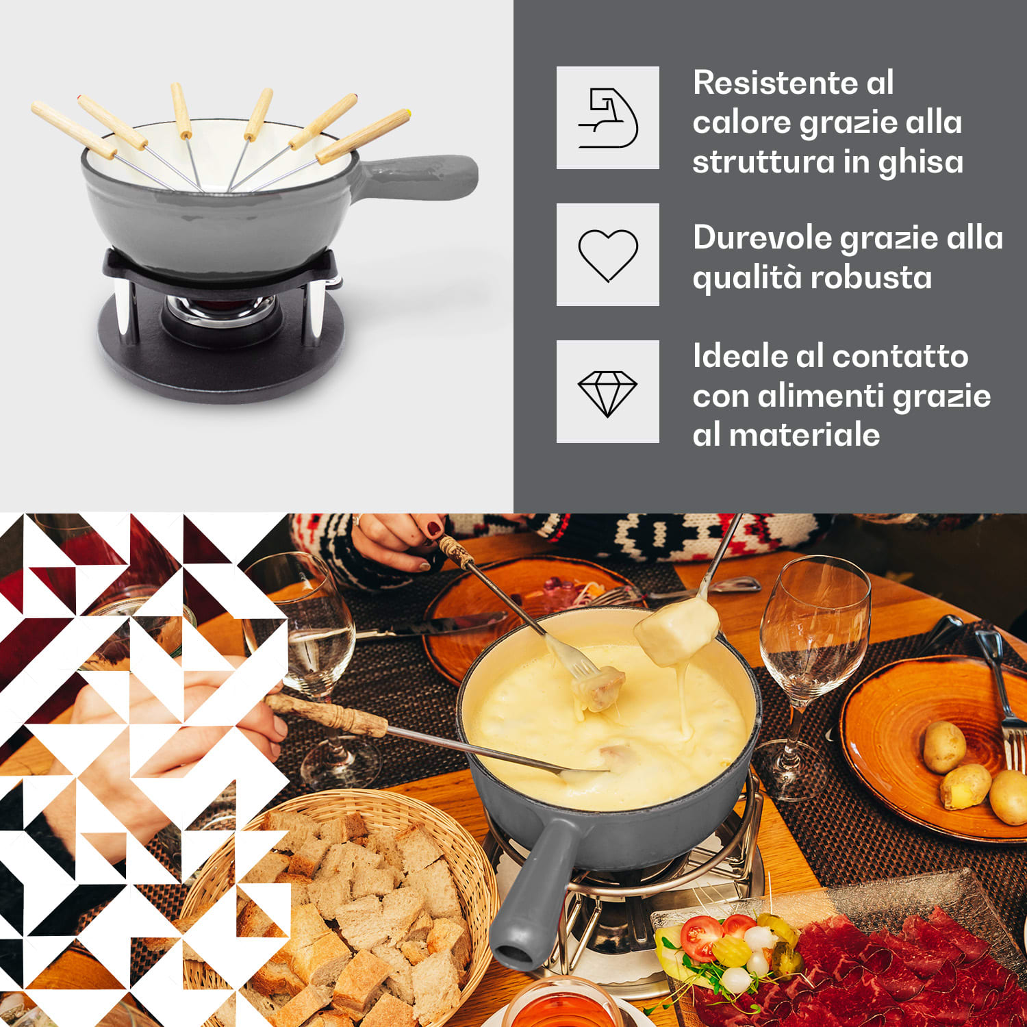 Klarstein Holsten - Set per fonduta, pentola, fornello, bruciatore, 6 forchette, 1,5 L, ghisa